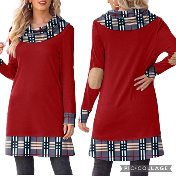 Alaster Queen Brushed Red & Plaid Contrast Cowl Neck Elbow Patch Sweater Dress - Picture 4 of 16